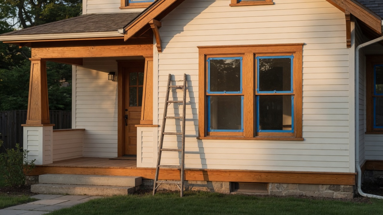 Fresh siding on a craftsman house, a ladder beside the taped window